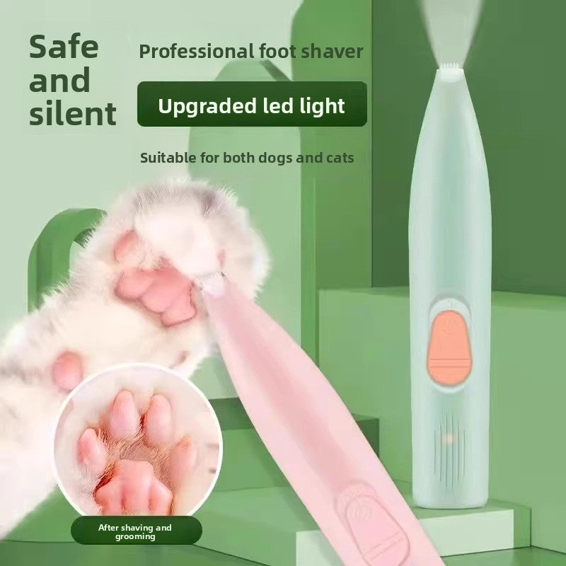 Pet foot shaver trimmer with upgraded LED light on a green background