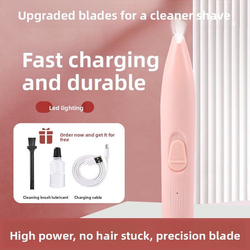 Pink electric razor with charging cable and cleaning brush lubricant on a pink background