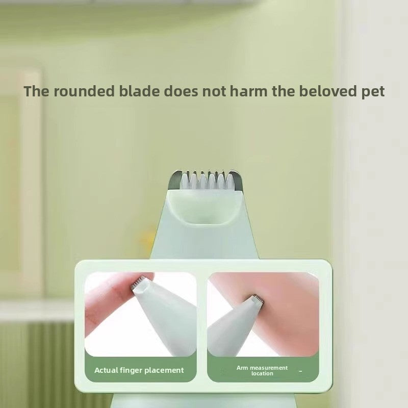 Pet grooming tool with text indicating it does not harm pets, on a light green background. trimmer 