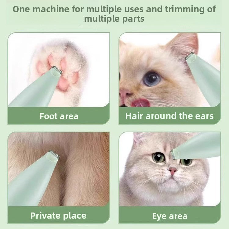 Pet grooming tool being used on a cat for foot, ear, private area, and eye areas.