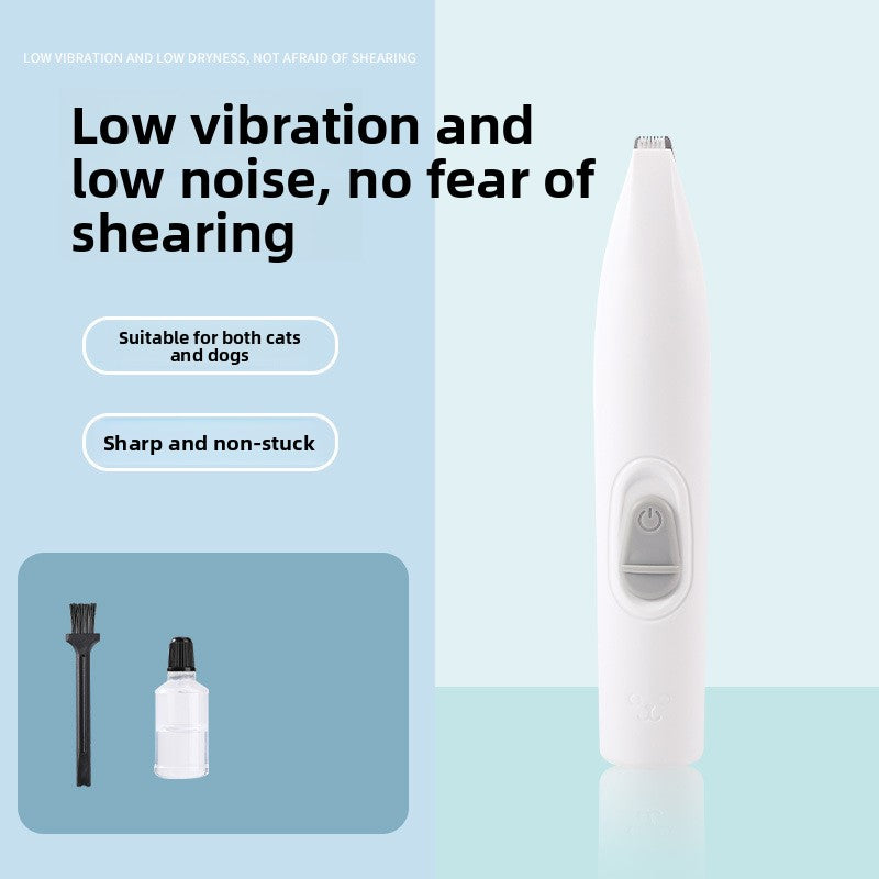 White grooming tool with text on a light blue background. Trimmer 