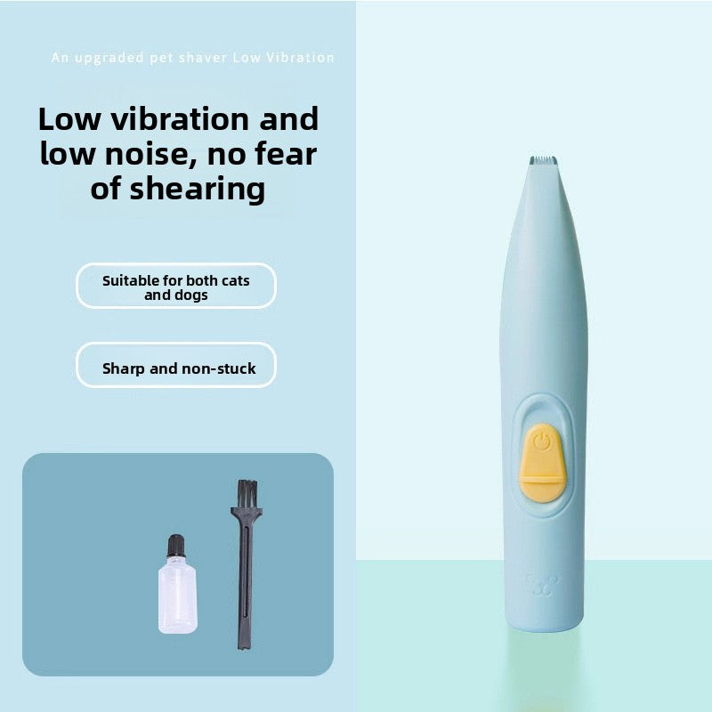 Pet grooming tool with features listed on a light blue background. Trimmer
