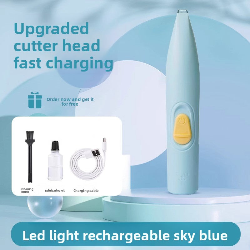 Blue LED light rechargeable tool with accessories on a light blue background. Trimmer